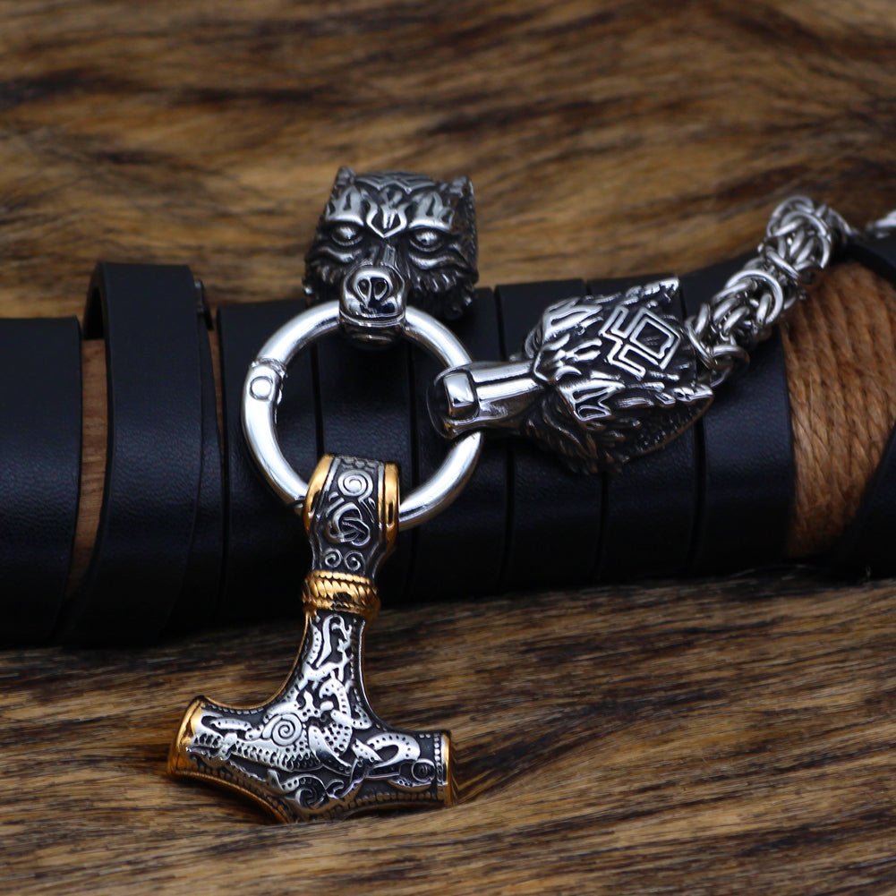 King Chain With Wolf Head & Gold Trimmed Mjolnir Pendant