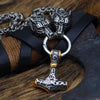 King Chain With Wolf Head &amp; Gold Trimmed Mjolnir Pendant