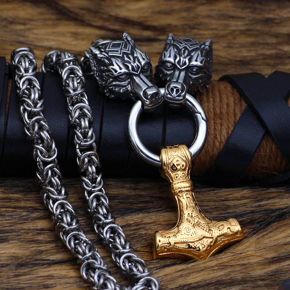 King Chain With Wolf Head & Gold Plated Mjolnir Pendant