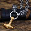 King Chain With Wolf Head &amp; Gold Plated Mjolnir Pendant