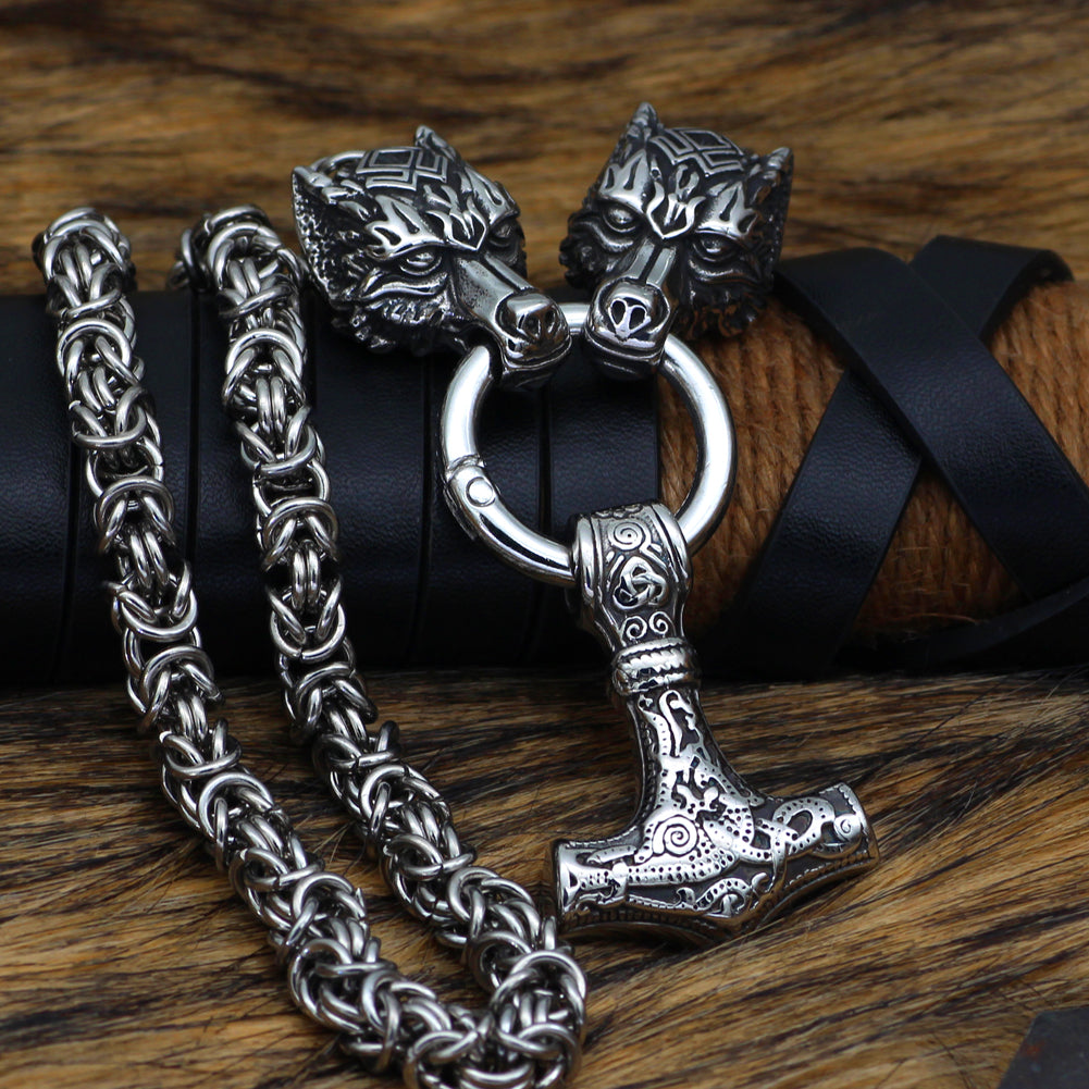 King Chain With Wolf Head & Silver Mjolnir Pendant