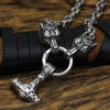 King Chain With Wolf Head &amp; Silver Mjolnir Pendant