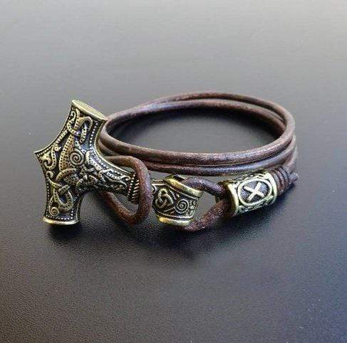 ageofvikings Bronze Thor Hammer Leather Bracelet