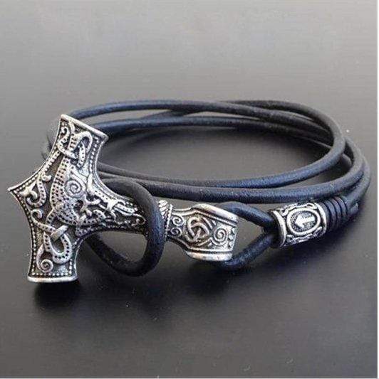 ageofvikings Bronze Thor Hammer Leather Bracelet