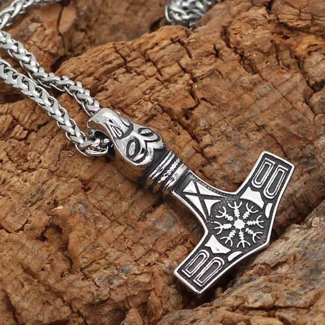 Odins-glory Steel Vegvisir Mjolnir Necklace