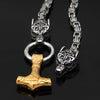 King Chain With Wolves Holding Gold Plated Mjolnir