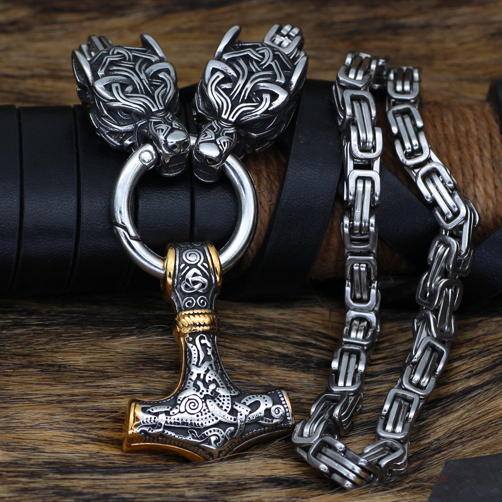 King Chain With Wolves Holding Gold Trimmed Mjolnir