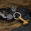 King Chain With Wolves Holding Gold Plated Mjolnir